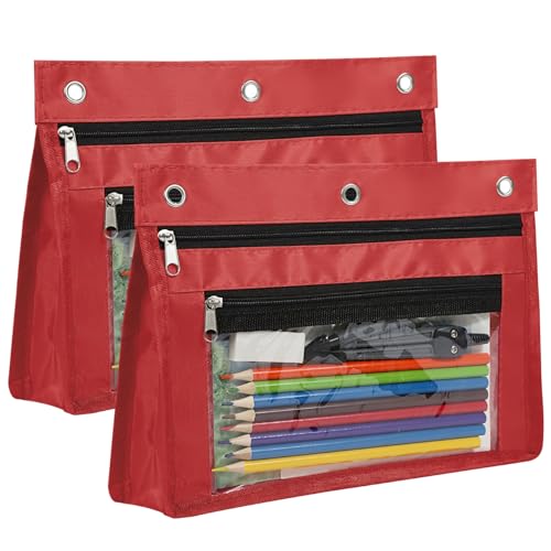 YoeeJob 2 Pack 1 Inch Expandable Zipper Pencil Pouches with Clear Window for 3 Ring Binder, Suitable for School & Office（Red） - color: Red