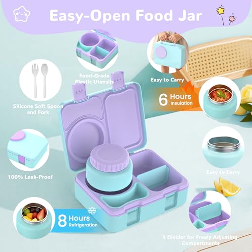 Bento Box for Kids, Leakproof Kids Bento Lunch Box Container with 8oz Insulated Thermo Food Jar, Sauce Jar, Utensil, DIY Stickers for School Boys Girls, 3-4 Compartments, BPA-Free - color: Lake Blue