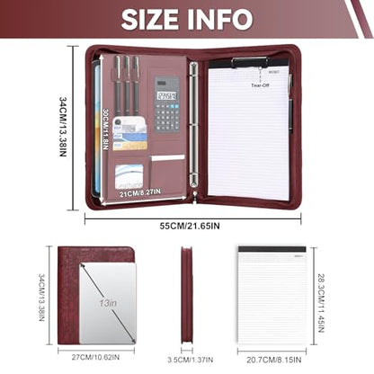 Leathario Portfolio Binder, Includes 5 Sheet Protectors and a Pen, 13 Inch Tablets Organizer, Vegan Leather A4 Padfolio, Multi-Pocket Notepad Business Planner Professional Document - color: Relief Red