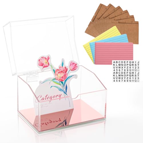 DLUGOPIS 3x5 Rose Gold Index Card Organizer Recipe Card Box Acrylic Flash Card Holder Index Card Box with Mirro Base 150 Ruled Lined Index Cards 30 Kraft Dividers Stickers For Holds 400 Note Cards - color: Rose Gold