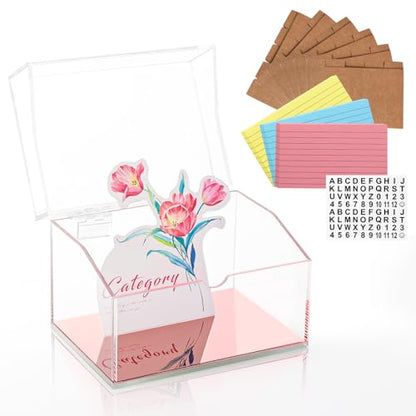 DLUGOPIS 3x5 Rose Gold Index Card Organizer Recipe Card Box Acrylic Flash Card Holder Index Card Box with Mirro Base 150 Ruled Lined Index Cards 30 Kraft Dividers Stickers For Holds 400 Note Cards - color: Rose Gold