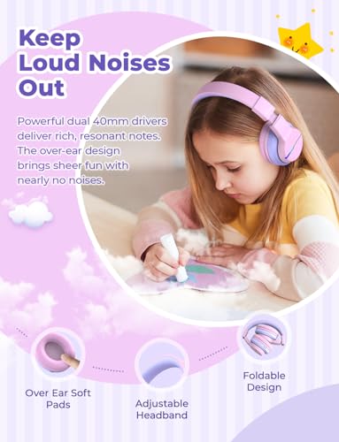 iClever BTH12 Kids Bluetooth Headphones,Colorful LED Lights,74/85dBA Safe Volume,85H Playtime,Bluetooth 5.2,Over Ear Headphones Built-in Mic for iPad/Tablet/Airplane,Blossom Pink - color: A-Pink
