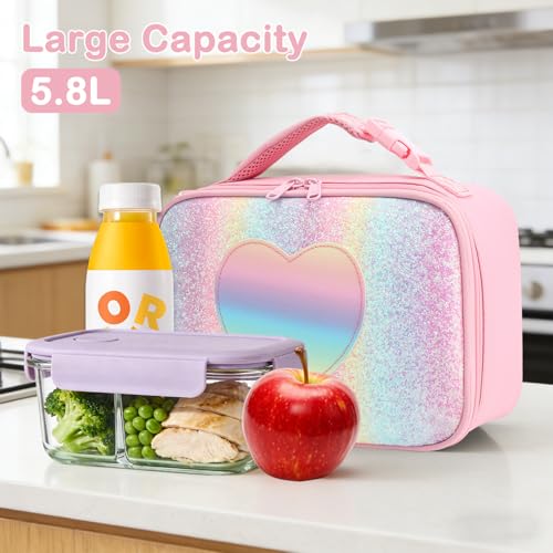 FlowFly Kids Lunch box Insulated Soft Bag Mini Cooler Back to School Thermal Meal Tote Kit for Girls, Boys, Glitter-RainBow - color: Glitter&Rainbow