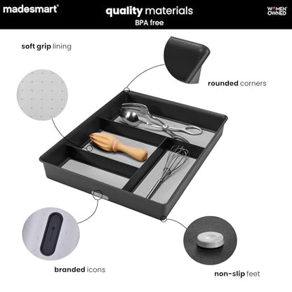 madesmart 4 Compartment Drawer Organizer, Multi Purpose Storage for Utensils, Office Tools, Cords, & Small Household Items, Tech Accessories, Arts & Crafts Supplies, Non Slip Lining, Granite