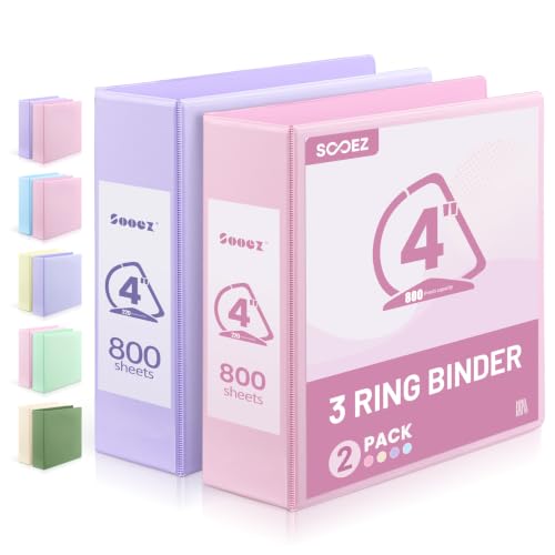 Sooez BinderX 4 Inch 3 Ring Binder, D-Ring Large Binders, Holds 800 Sheets of 8.5x11 Paper, PVC-Free, Customizable View Cover with 2 Inside Pockets, School & Office Supplies, Assorted Pastels, 2-Pack - color: Pink&purple, size: 4-Inch D Ring