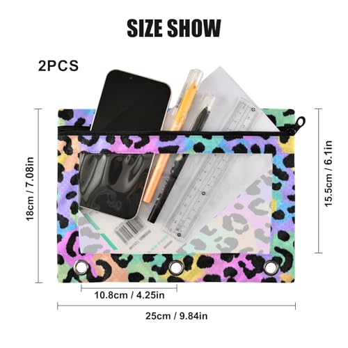 Kcldeci Pencil Pouch for 3 Ring Binder, Leopard Print Cute Cheetah Spots 2 Pack Binder Pencil Pouch with Clear Window Pencil Bags with Zipper Pencil Case for Binder - color: C05