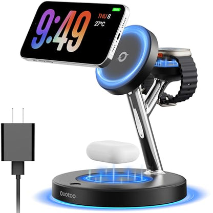 【Adjustable Blue Ambient Light】 Wireless Charger 3 in 1 for iPhone, Magnetic Charging Station for Apple Family,15W Fast MagSafe Charger Stand,for iPhone17-12-iWatch AirPods Series