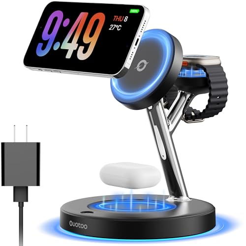 【Adjustable Blue Ambient Light】 Wireless Charger 3 in 1 for iPhone, Magnetic Charging Station for Apple Family,15W Fast MagSafe Charger Stand,for iPhone17-12-iWatch AirPods Series