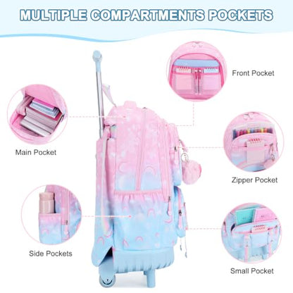 Scothen Rolling Backpack for Girls, 3PCS Roller School Backpacks for Girls with Lunch Bag and Pencil Pouch, Kids Bookbag Schoolbag with Wheels for Teen Girl Kindergarten Elementary Middle School - color: Pink Blue