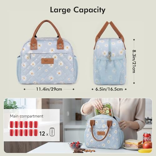 HOMESPON Insulated Lunch Bag for Women Men, Cooler Tote Box, Blue Daisy | Front Pocket, Side Mesh Pockets, Reusable, for Work, Picnic, Food Container - color: Blue Daisy