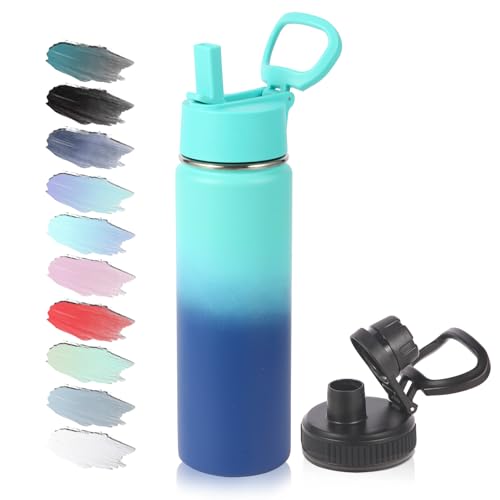 Volhoply 20oz Insulated Stainless Steel Water Bottle with Straw Lid,Kids Wide Mouth Double Wall Vacuum Cups with Handle,Reusable Outdoor Sports Metal Bottles,Travel Flask Keep Cold(Green Blue,1) - color: Green Blue