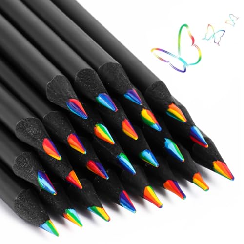 12 Pcs Rainbow Pencils with Sharpener, 7 Color in 1, Black Wooden, Art Supplies for Kids & Adults, Birthday Pencils