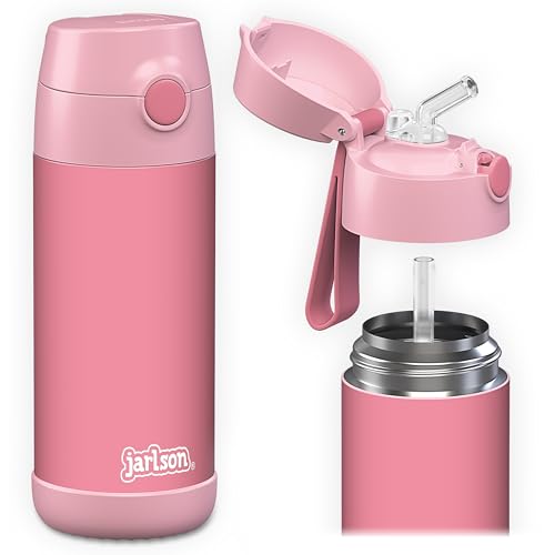 Jarlson® Kids Water Bottle CHARLI [12OZ] - Stainless Steel Thermo Bottle with Straw - Insulated, Spill Proof Waterbottle for School & Sports - Thermo Tumbler for Boys & Girls (Pink) - color: Pink 'Neo', size: 12 Ounces