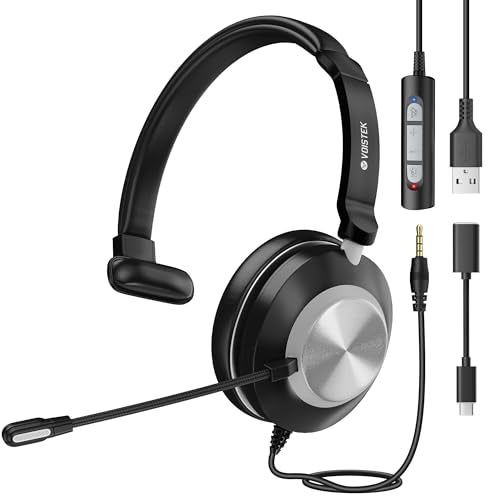 Voistek USB Headset with Microphone for PC/Laptop, One Ear Computer Headphones with Noise Cancelling Mic, 3.5mm+USB in-Line Mute, Volume Control for Work Home Office Online Class Skype Zoom