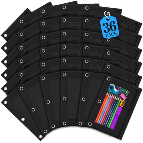 3 Ring Binder Pencil Pouch, 36 Pack Bulk Black Zipper Pencil Cases with Clear Window, Cloth Binder Pouches with 3 Holes, Durable Pencil Bags for Classroom School Office Supplies (Color of Black)