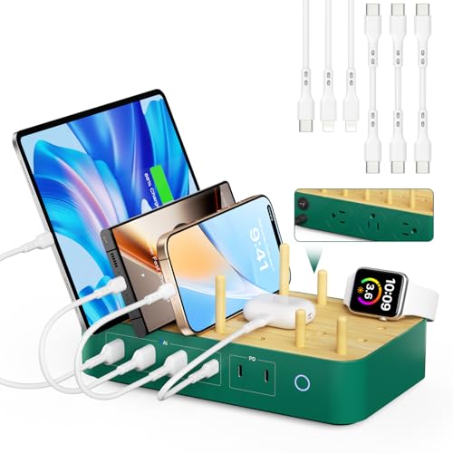 Bamboo USB-C Charging Station for Multiple Devices,60W 6 Port Charing Dock with 3 AC Outlets, 3 USB C, 3 USB A,6.6ft Power Cord for lPhone,lPad,Tablets (6 Mixed Cables Included),Green - color: Green