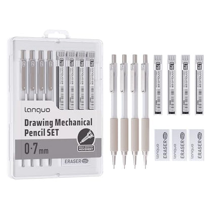 languo 0.7mm Mechanical Pencil Set with Case, 4PCS Drafting Mechanical Pencils Kit – 4 Tubes 2B Lead Refills, 3 Erasers, Ideal Pencil Set for Writing & Drawing - style: 0.7mm