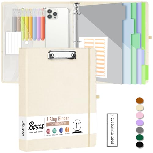 3 Ring 1 Inch Linen Binder Organizer, BVSSX Three Ring Binders with Clipboard, Plastic Folder, 5-Tabs Pocket Dividers with Sticker Labels, Pen Loop, Elastic Strap (Beige, Letter Size) - color: Light Beige, size: 1in（Letter Size）