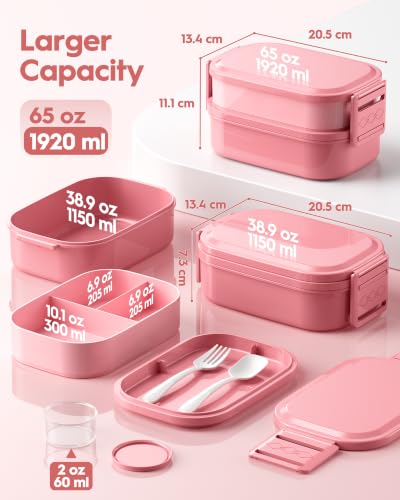 BiuLeon Bento Box Adult Lunch Box, 65 Oz Capacity Lunch Containers(Adjustable 2/3 Tier), BPA-Free, Leak-Proof and Stackable Bento Lunch Box, Microwave & Dishwasher Safe with Utensils(Pink) - color: Pink