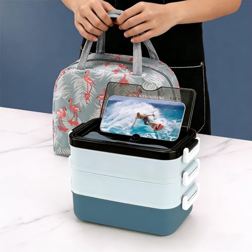 3-Tier Lunch Box for Men, Adult Lunch Box with Insulated Lunch Bag | 60 fl oz Large Capacity Bento Box with BPA-Free Utensils & Sauce Container, Leakproof, Microwave Safe for Work & Meal Prep - color: Blue(3-Tiers)