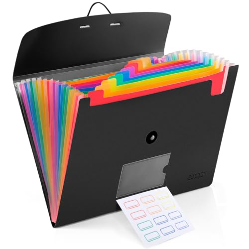 13 Pocket Expanding File Folder Accordian File Organizer, A4 Letter Size Paper Document Receipt Holder for School Office Supplies, Black - color: Black