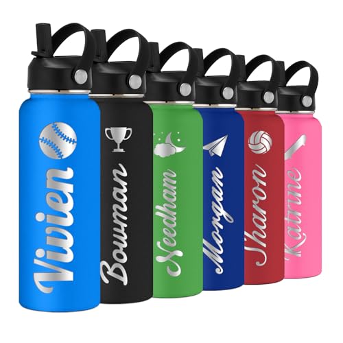 Personalized Water Bottle with Straw Lid for School,Custom Engraved Insulated Stainless Steel Sports Water Bottle with Name for Girls Boys Women Men(24oz/32oz/40oz,12 Colors) - color: Blue, style: Sports