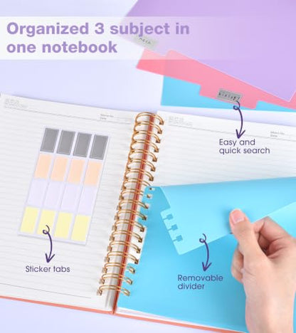 JASLEKO 3 Subject Notebook College Ruled with Dividers Tabs, 100 GSM Leather Hardcover Spiral Notebooks for School Work, 240 Pages Large Cute Notebook Journal for Women Men, College Students,Pink - color: Pink