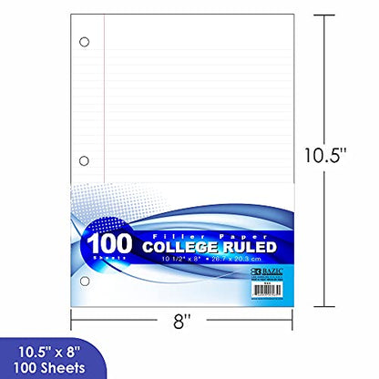 BAZIC Products College-Ruled Filler Paper, 3-Hole Punched, 100 Sheets | 10.5 x 8 in, 3-hole punched, fit 3-ring binders, notes and homework - color: College Ruled (100 Sheets), size: 1-Pack