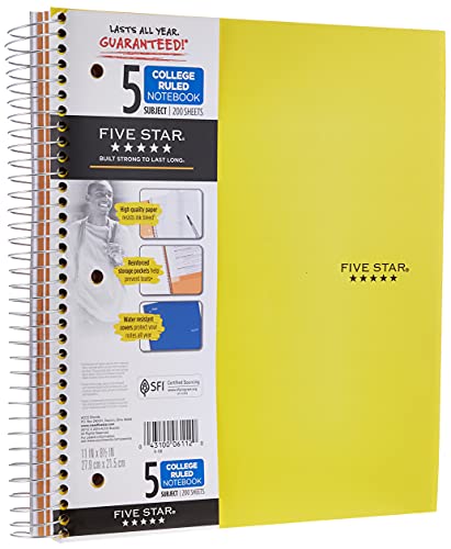 Five Star Spiral Notebooks, 5 Subject, College Ruled Paper, 200 Sheets, 11" x 8-1/2", Teal, Yellow, 2 Pack (73509) - color: Teal-Yellow
