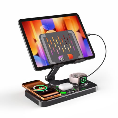 Magnetic Charging Station for Apple Multiple Devices, Wireless Charger with Clock & Light, Foldable Wired Charging Stand for iPad/Tab, Mag-Safe Charger for iPhone 17, for Apple Watch for AirPods - color: Black