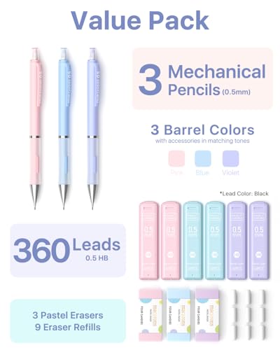 Four Candies 0.5mm Cute Mechanical Pencil Set, 3-Pack with Storage Case | 360 Leads, 3 Erasers+9 Refills, Pink/Purple/Blue Barrels, Non-Slip Grip, Fine Lines for Notes, Tests & Drawing - style: 0.5mm