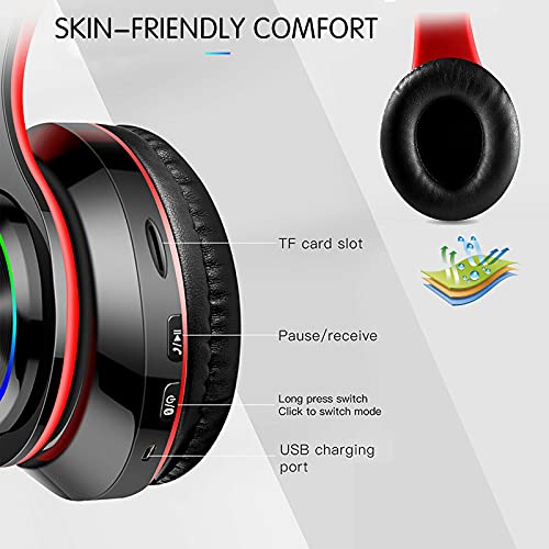 Bluetooth Over Ear Headphones, LED Lights Headphones with Built-in Mic, Light Weight, Bluetooth 5.0, Wireless Foldable HiFi Stereo Headphones for Classroom/Home/Office/PC/Mobile Phone (Black red) - color: Black