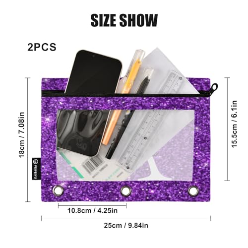 Personalized Pencil Pouch for 3 Ring Binder Glitter Purple Texture Custom Pencil Pouches Case Binder Cosmetic Bag 2 Pack for Office School College Supplies - color: Glitter Purple
