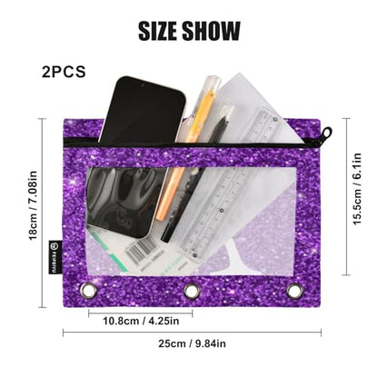Personalized Pencil Pouch for 3 Ring Binder Glitter Purple Texture Custom Pencil Pouches Case Binder Cosmetic Bag 2 Pack for Office School College Supplies - color: Glitter Purple