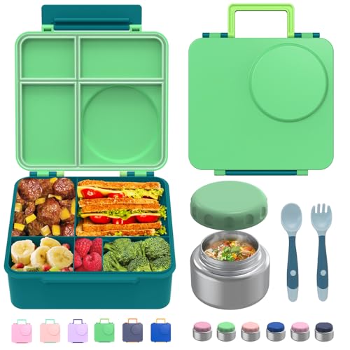 Bento Box for Kids - Leak-Proof Bento Lunch Box with Insulated Thermo Food Jar - 4 Compartments, 1 Removable Divider, 1 Spoon, 1 Fork - Dishwasher Safe, BPA-Free (Green) - color: Green