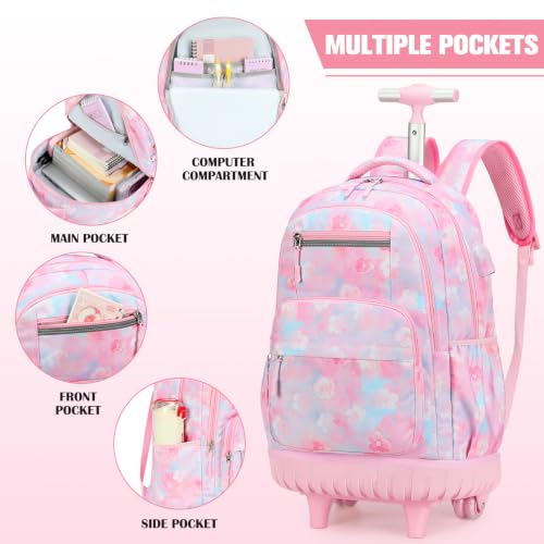 ACESAK Rolling Backpack for Girls - Roller Wheels School bag with Lunch Bag & Pencil Pouch for Teen Girls Kids Wheeled Suitcase Backpacks, Elementary Middle School Travel Daypack (Pink Gradient) - color: Pink Gradient