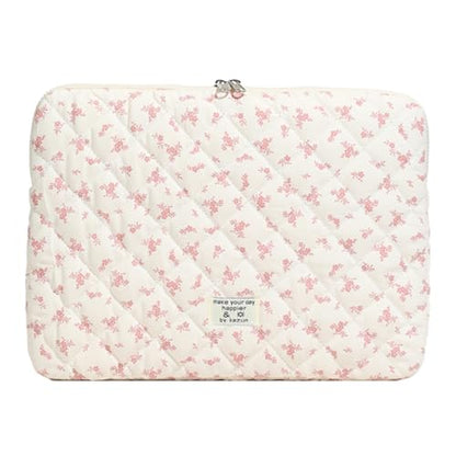 14 inch Maple Leaf Soft Pad Tablet Bag Embroidery Puffy Protective Case Shockproof Cute Quilted Laptop Sleeve Commute Work Study Bag - color: Pink Leaf