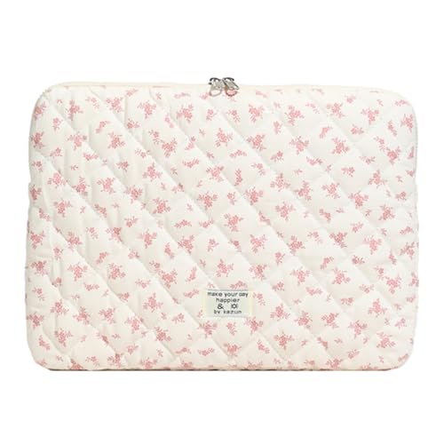 14 inch Maple Leaf Soft Pad Tablet Bag Embroidery Puffy Protective Case Shockproof Cute Quilted Laptop Sleeve Commute Work Study Bag - color: Pink Leaf