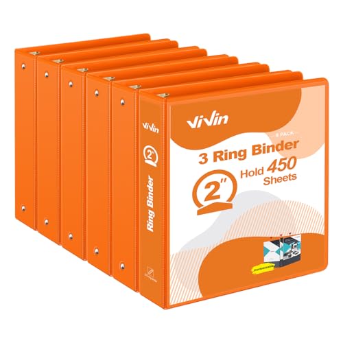 ViVin 2 Inch Round Ring View Binder for Durability, Standard 3 Ring Binder for 450 Sheets of US Letter Size Paper, PVC-Free, 6-Pack (Orange) - color: Orange, size: 2 Inch, style: 6 pack