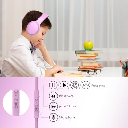Kids Headphones Wired,Wired Headphones for Kids Over Ear with Microphone,85/94dB Volume Limiter Headphone for Kids Boys Girls Teens Children,3.5mm Wired Foldable Headphone for School/Tablet (Pink) - color: Pink