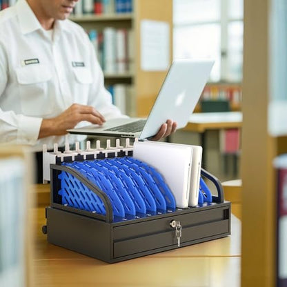 POCHAR 10-Device Open Charging Station for Chromebooks, iPads & Tablets | Heavy-Duty Steel Rack with Lockable Storage Drawer, Multi-Device Charging Organizer for School, Office, Hospital - size: 10 Tablet/Chromebook