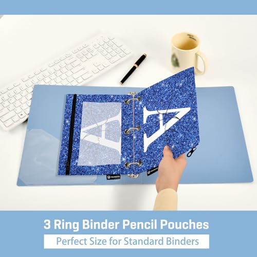 Personalized Pencil Pouch for 3 Ring Binder Blue Glitter Texture Custom Pencil Pouches Case Binder Cosmetic Bag 2 Pack for Office School College Supplies - color: Blue Glitter