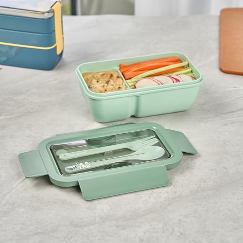 Restaurantware-Bento Tek 28.7 Ounce Bento Box, 1 Reusable Lunch Container - With Fork And Spoon, Does Not Contain BPA, Green Plastic Reusable Lunch Box, Microwavable, Dishwashable - size: 1 Count, style: 29 oz - Green