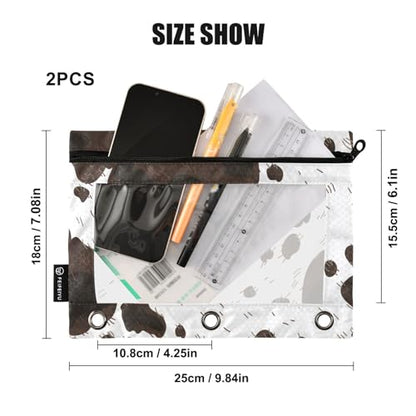 ZAZYXTJ Cow Print Binder Pencil Pouchs 3 Ring with Zipper Clear Window | Office Organizers bag for School Students Teacher Supplies 2 Pack - color: Cow Print