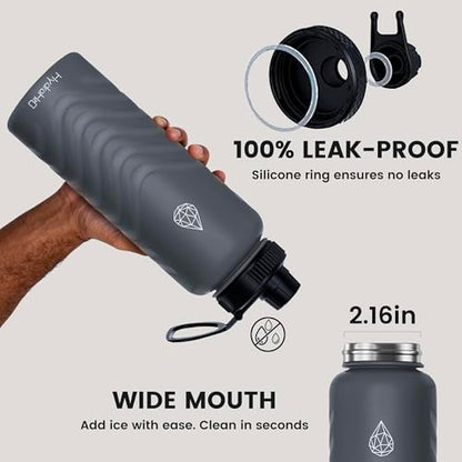 24oz Stainless Steel Insulated Water Bottle, 48H Ice Cold & 24H Hot, Leak-Proof Wide Mouth Lids (Straw & Spout), BPA-Free Bottles, Mens Water Bottle for Gym, Hiking, Travel - Grey - color: Gray, size: 24 Ounces