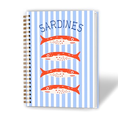 XUNLURY Red Sardine Coastal Beach Notebook, Nautical Blue Striped Aesthetic Journal, Sardine Gifts Journal, Gifts for Fishing Lovers Hardcover Spiral Notebooks, 5.5x8.3 Inch - color: Color_G