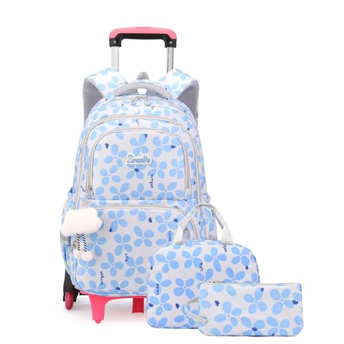 Bansusu 3Pcs Kids Rolling Backpack for Girls with Lunch Bag, Lucky Leaf School Bag Girls Roller Backpack with 6 Wheels, Blue - color: 3pcs-6 Wheels-blue