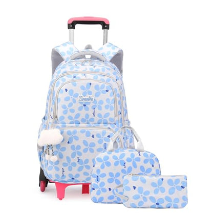 Bansusu 3Pcs Kids Rolling Backpack for Girls with Lunch Bag, Lucky Leaf School Bag Girls Roller Backpack with 6 Wheels, Blue - color: 3pcs-6 Wheels-blue