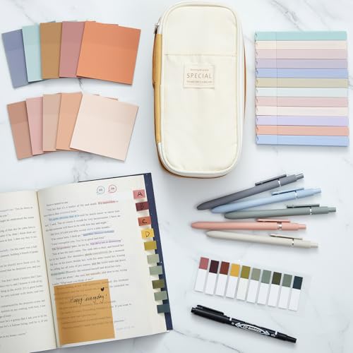 Jutom 39 Pcs Aesthetic Book Annotation Kit Highlighter with Case Bag Gel Pen Transparent Sticky Note Taking Bible Supplies(Khaki,Cute Style) - color: Khaki, style: Cute Style