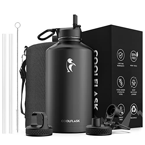 Coolflask Gallon Water Bottle Insulated with Straw&3 Lids, 128 oz Water Jug Large Stainless Steel Metal Vacuum Wide Mouth for Sports, Gym or Office, Non-BPA Keep Cold 48H Hot 24H, Magic Black - color: Magic Black, size: 128 Ounces